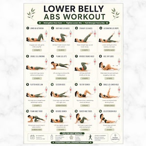 Puede incluir: Un póster instructivo blanco titulado LOWER BELLY ABS WORKOUT que presenta dieciséis ilustraciones de ejercicios numeradas. Cada sección muestra a una persona con ropa deportiva realizando un movimiento específico con instrucciones y repeticiones.