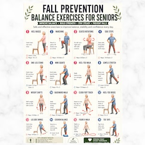 Op de afbeelding: Een wit informatieposter getiteld Fall Prevention Balance Exercises for Seniors, met zestien genummerde illustraties van een persoon die verschillende fysieke bewegingen uitvoert met een stoel, inclusief tekstinstructies en herhalingsaantallen.