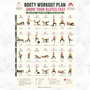 Può includere: Una tabella di allenamento bianca intitolata Booty Workout Plan Grow Your Glutes Fast, che presenta 28 illustrazioni di esercizi numerate con serie e ripetizioni per quattro settimane. Il poster include sezioni per consigli e obiettivi.