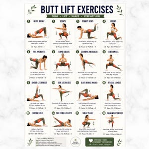 Exercícios para levantar o bumbum, treino de glúteos e quadris, tabela de treino de glúteos e pernas, pôster para academia em casa para mulheres, plano de treino de pernas em PDF para imprimir
