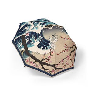 Artistic Foldable Umbrella | Waves & Cherry Blossoms Design | Travel Accessory | Stylish Rain Gear | Gift for Nature Lovers, Rainy Days, Art