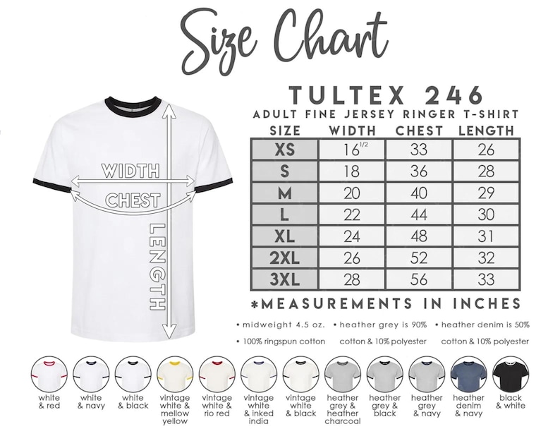 Puede incluir: Camiseta blanca con ribete negro, tabla de tallas y detalles del producto. La tabla enumera las tallas XS a 3XL con medidas en pulgadas para ancho, pecho y largo. Incluye la composici&oacute;n de la tela y opciones de color.