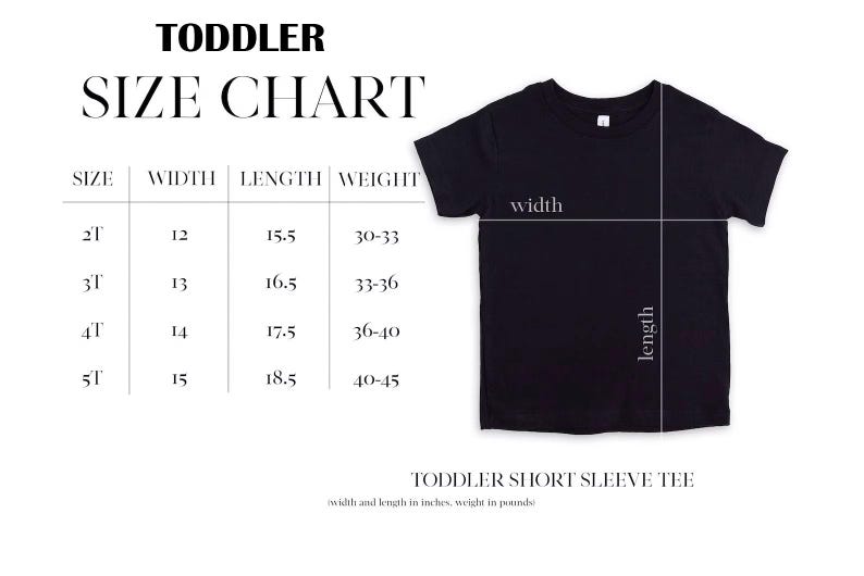 Może przedstawiać: Czarny t-shirt z kr&oacute;tkim rękawem dla malucha z tabelą rozmiar&oacute;w. Tabela pokazuje rozmiary od 2T do 5T, z szerokością i długością w calach oraz wagą w funtach. Koszulka ma pomiar szerokości i pomiar długości.