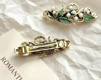 Fransk liljekonvalj metallhårspänne grön pärla hårspänne, metall grönt blad hårspänne födelsedagspresent, elegant håraccessoar present till henne