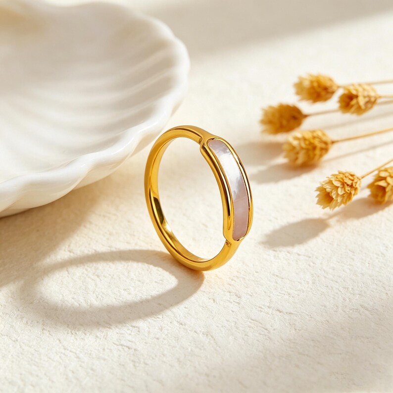 Pärlemorring, 18k guldpläterad, rostfritt stål, vattentät ring, läcker, minimalistisk, pärlring, gåvosmycken bild 7