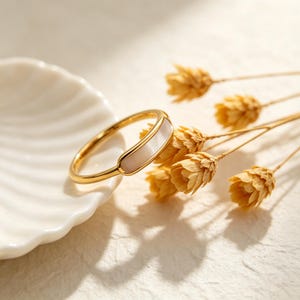Pärlemorring, 18k guldpläterad, rostfritt stål, vattentät ring, läcker, minimalistisk, pärlring, gåvosmycken bild 6