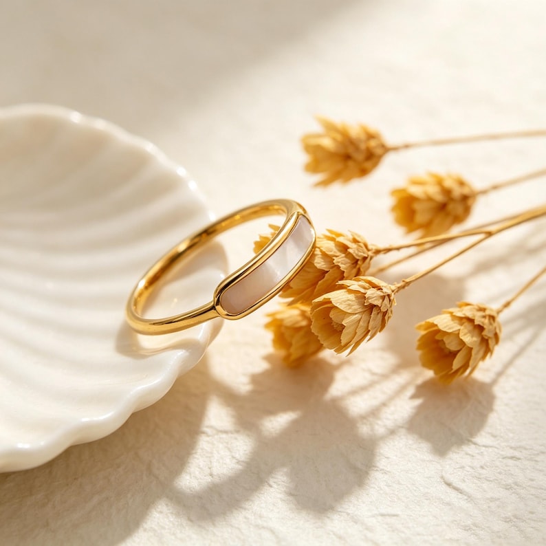 Pärlemorring, 18k guldpläterad, rostfritt stål, vattentät ring, läcker, minimalistisk, pärlring, gåvosmycken bild 6
