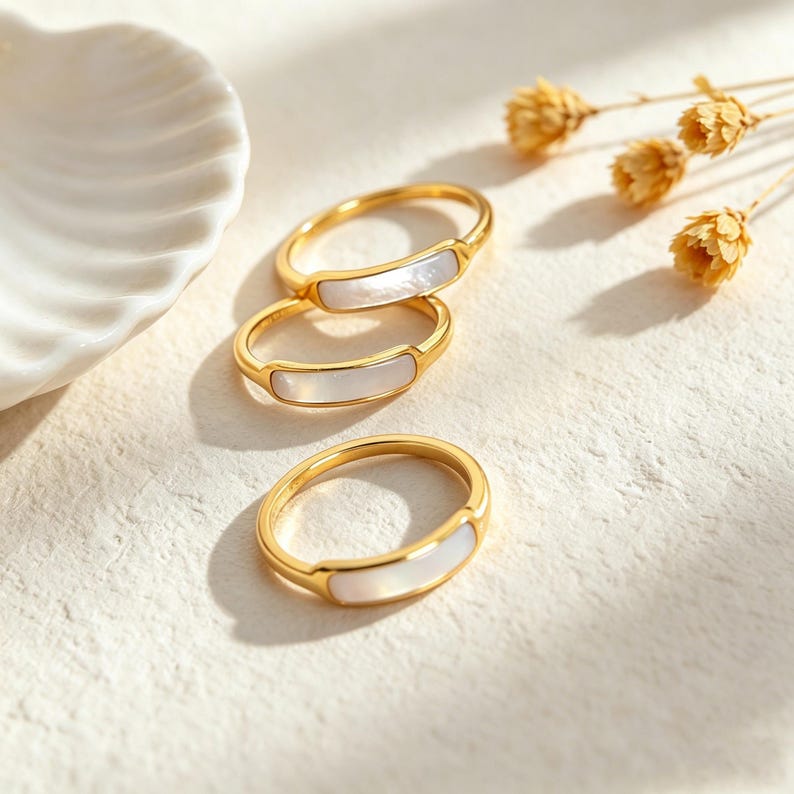 Pärlemorring, 18k guldpläterad, rostfritt stål, vattentät ring, läcker, minimalistisk, pärlring, gåvosmycken bild 2