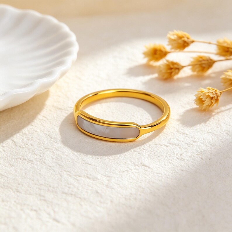 Pärlemorring, 18k guldpläterad, rostfritt stål, vattentät ring, läcker, minimalistisk, pärlring, gåvosmycken bild 9