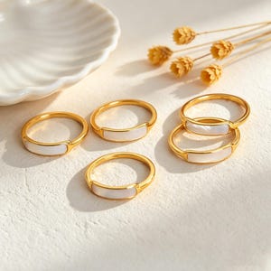 Pärlemorring, 18k guldpläterad, rostfritt stål, vattentät ring, läcker, minimalistisk, pärlring, gåvosmycken bild 10