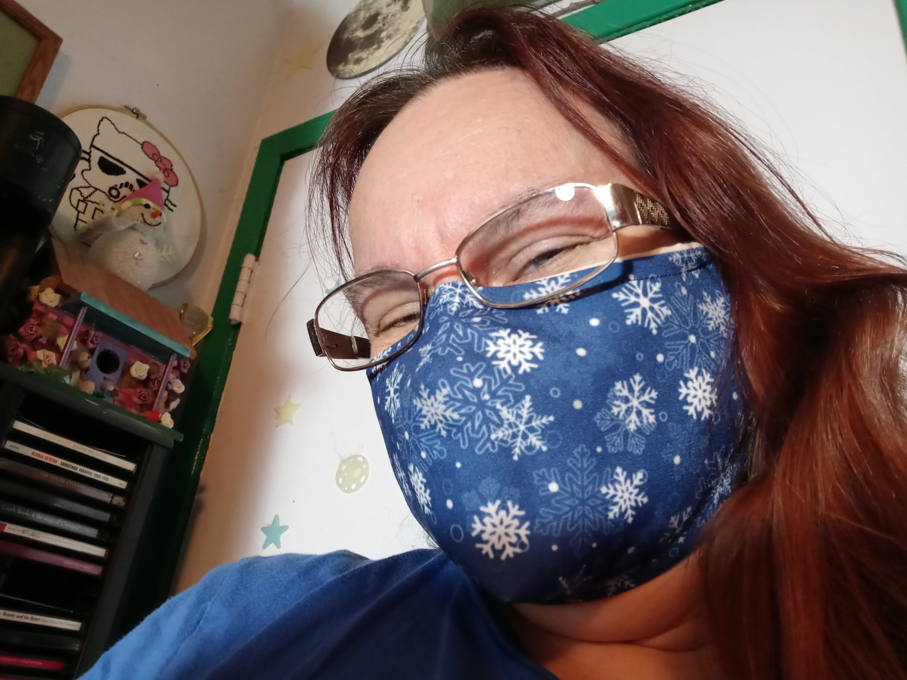 Snowflake Face Mask with Side Opening for Filters.  5 PM 2.5 Filters are Included. Christmas Face Mask, Blue, White, Washable, Adults, Kids - Thumbnail 4
