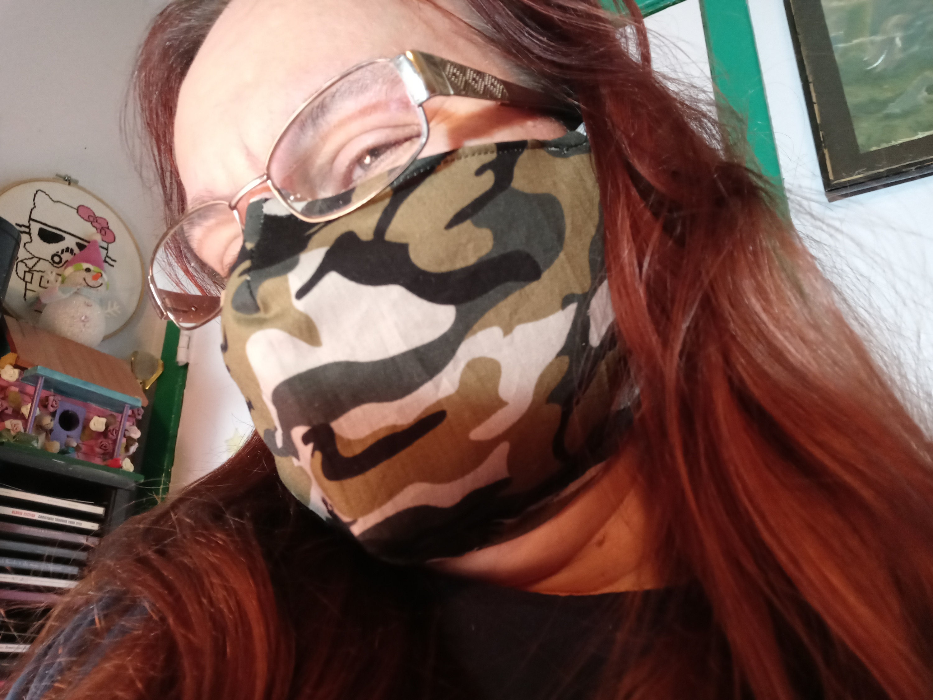 Green Camo Face Mask with Side Opening for filters.  5 PM 2.5 filters included. Green, Black, Washable - Thumbnail 4