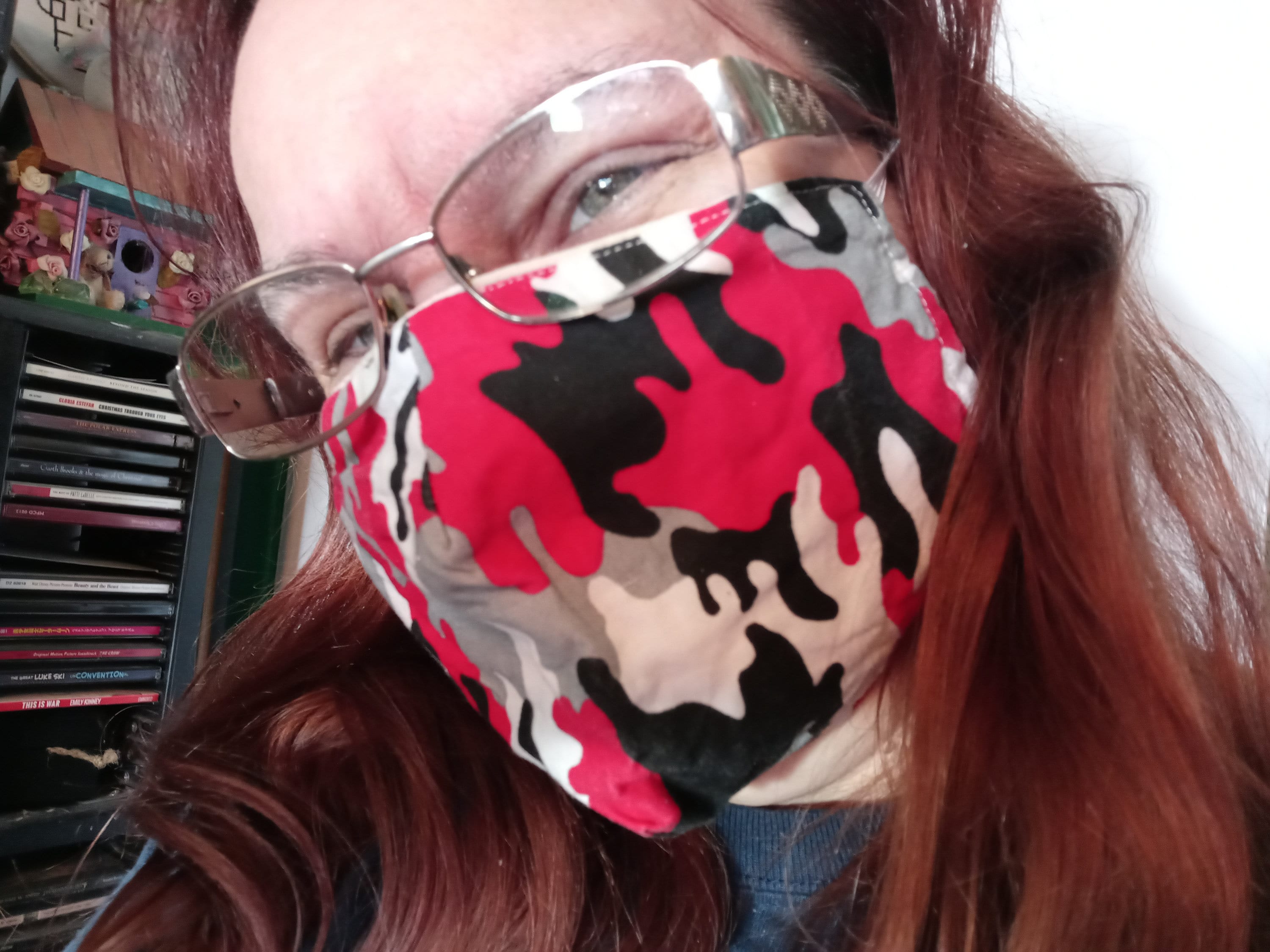 Red Camo Face Mask with side opening for filters.  5 PM 2.5 Filters are included with the mask. Washable, Red, Grey, Black