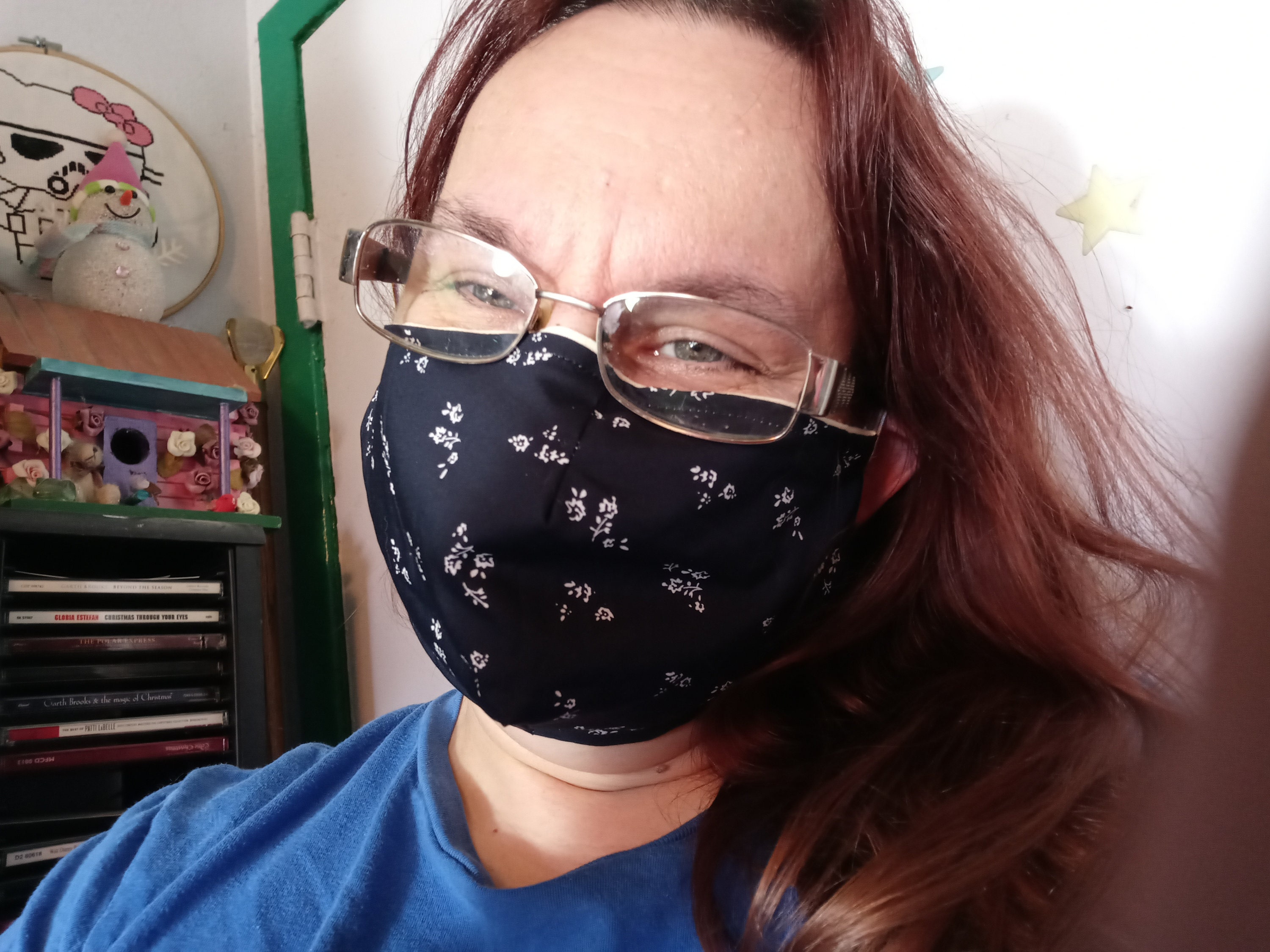Floral Face Mask with side opening for filters. 5 PM 2.5 filters are included.  Dark Blue, Flowers, Washable, Kids, Adults - Thumbnail 3