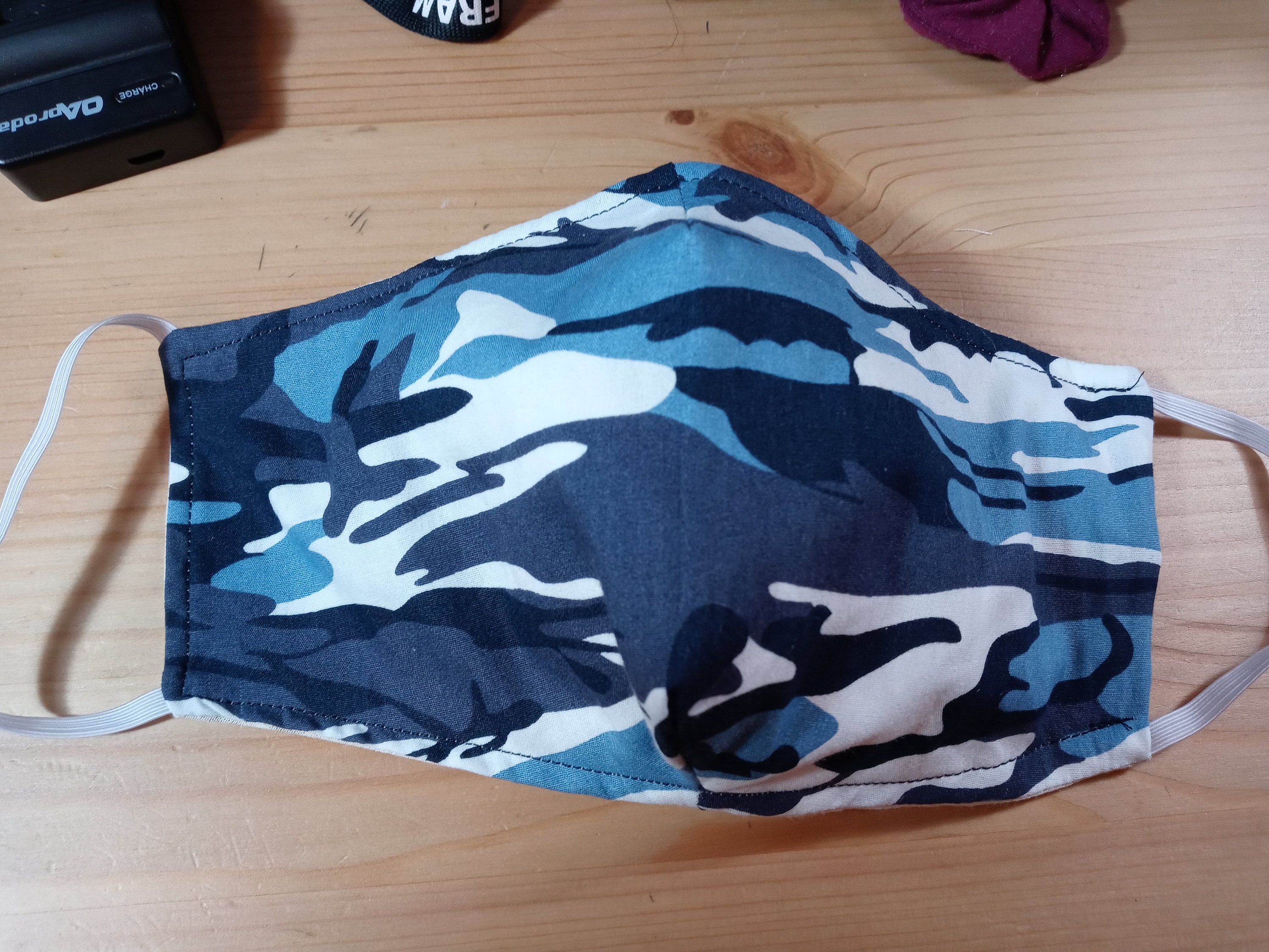 Blue Camo Face Mask with Side Opening for Filters. 5 PM 2.5 filters included. Washable