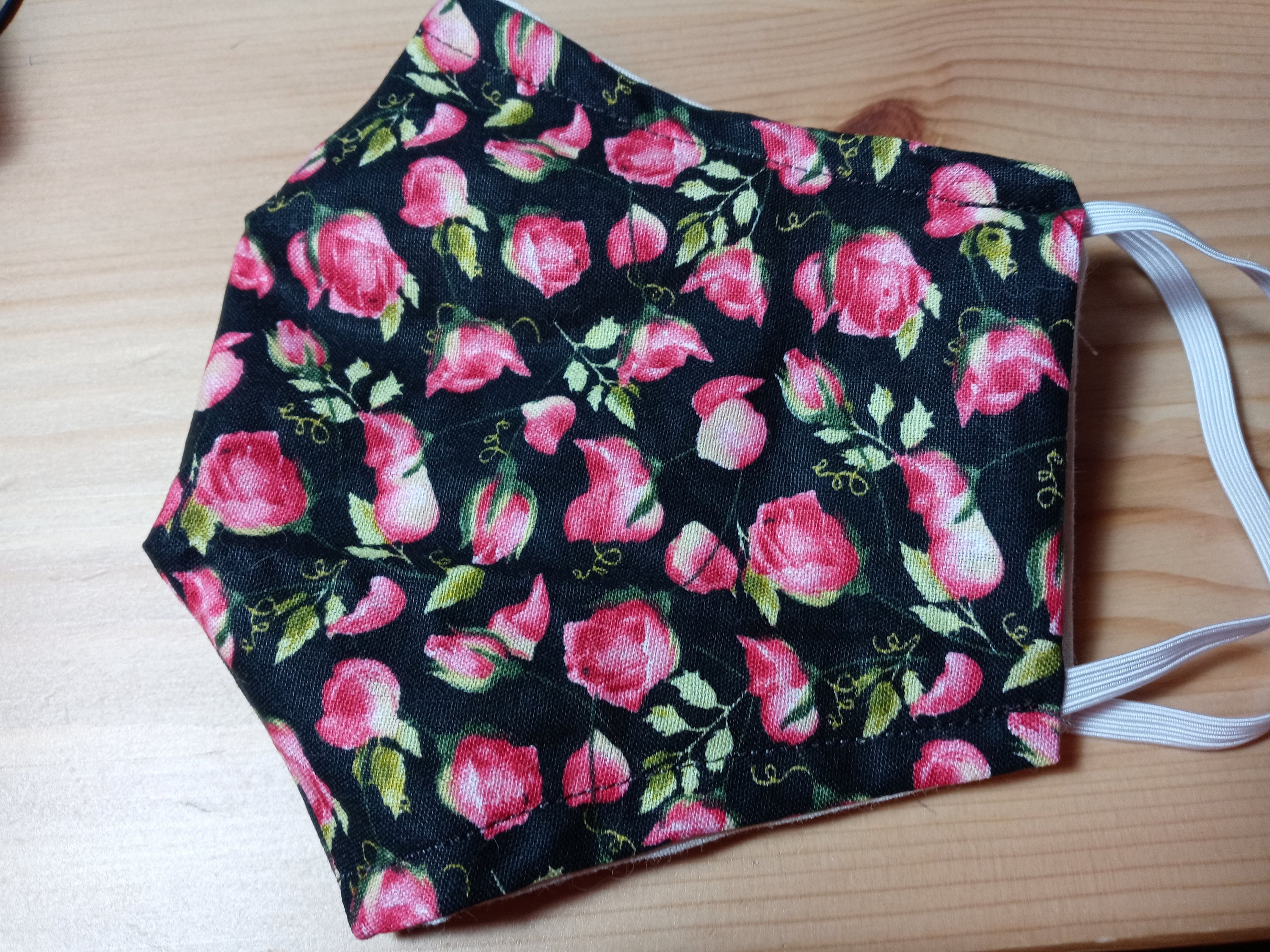 Rosebud Flower Face Mask with Side Opening for Filter.  5 PM 2.5 filters are included.  Floral Nature Mask, Washable, Pink, Black, and Kids - Thumbnail 2