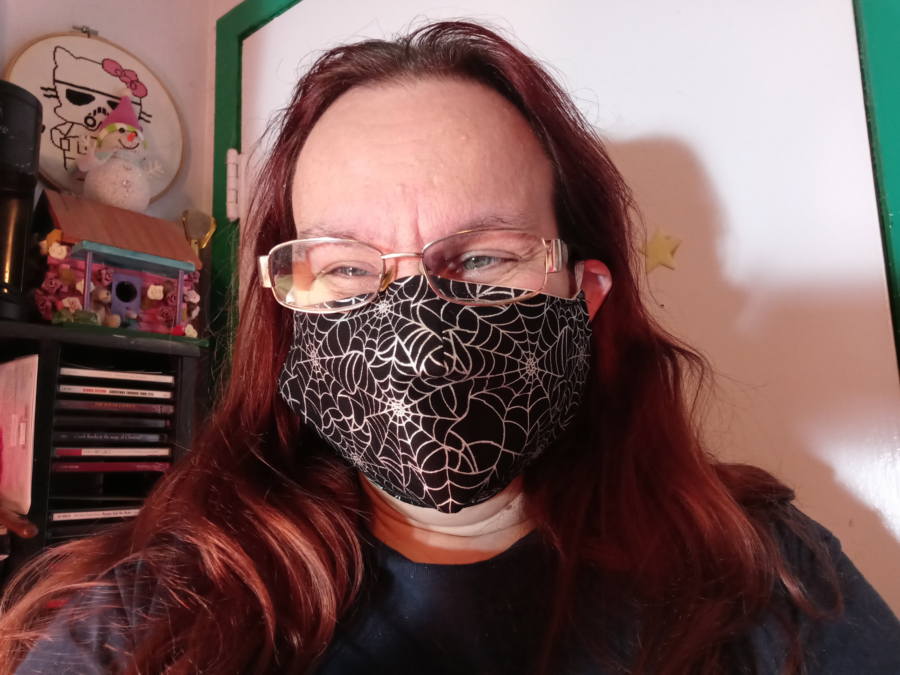 Shimmering Spiderwebs Face Mask with Side Opening for Filters. 5 PM 2.5 Filters Included. Silver, Black, Washable, Halloween, Adults, Kids - Thumbnail 3