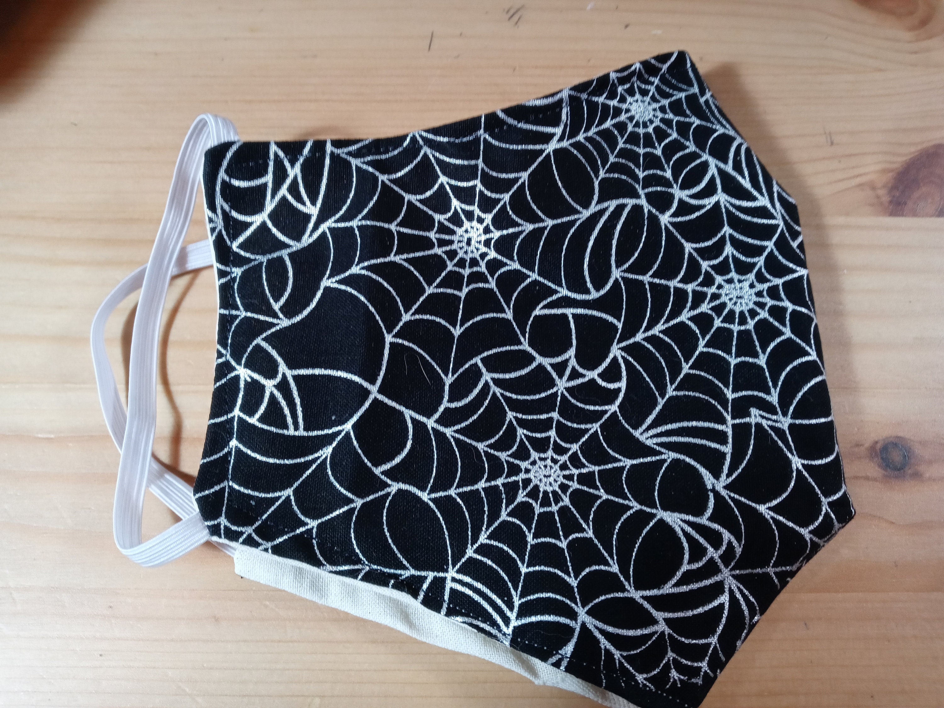 Shimmering Spiderwebs Face Mask with Side Opening for Filters. 5 PM 2.5 Filters Included. Silver, Black, Washable, Halloween, Adults, Kids - Thumbnail 2