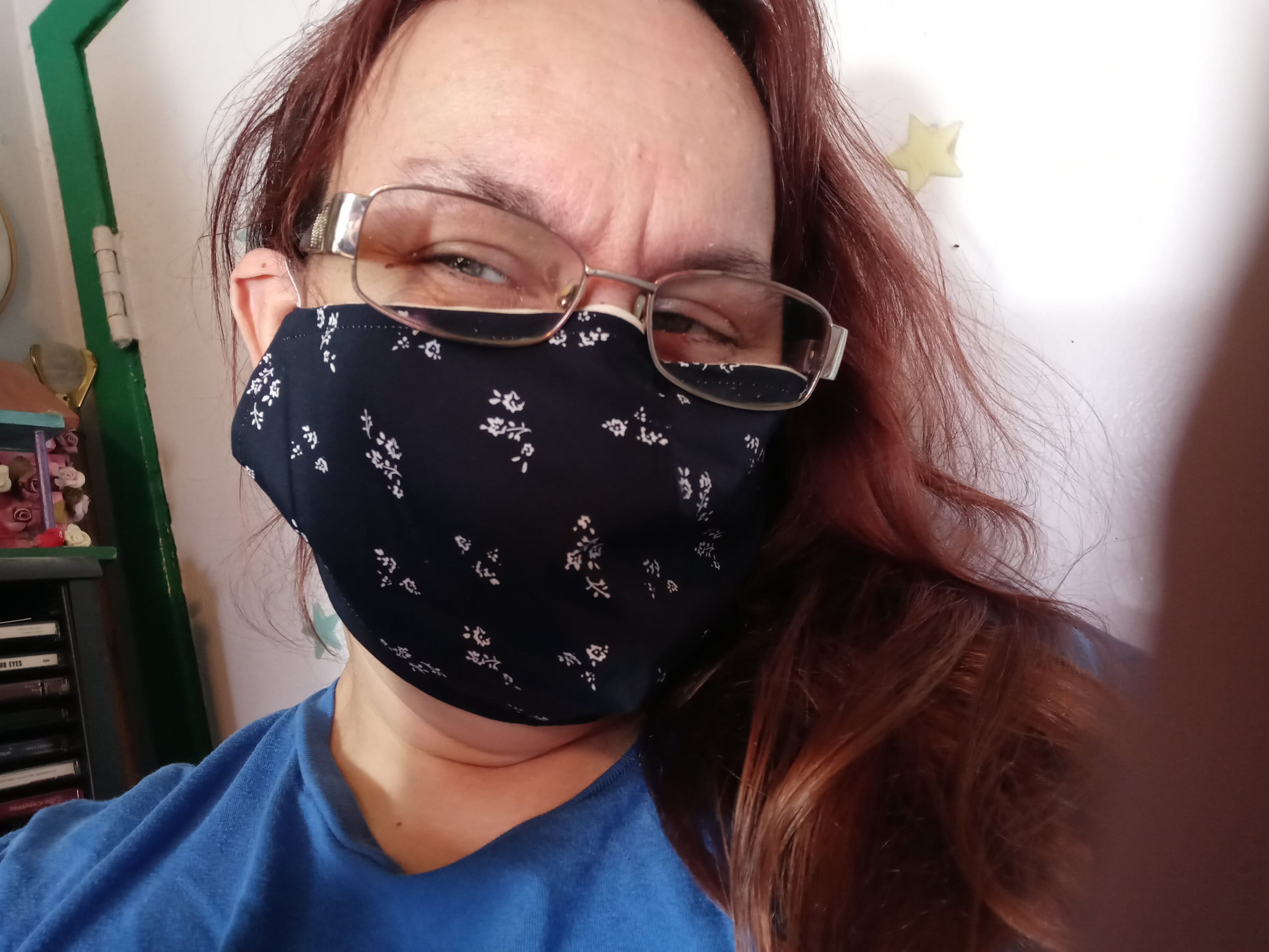 Floral Face Mask with side opening for filters. 5 PM 2.5 filters are included.  Dark Blue, Flowers, Washable, Kids, Adults - Thumbnail 4
