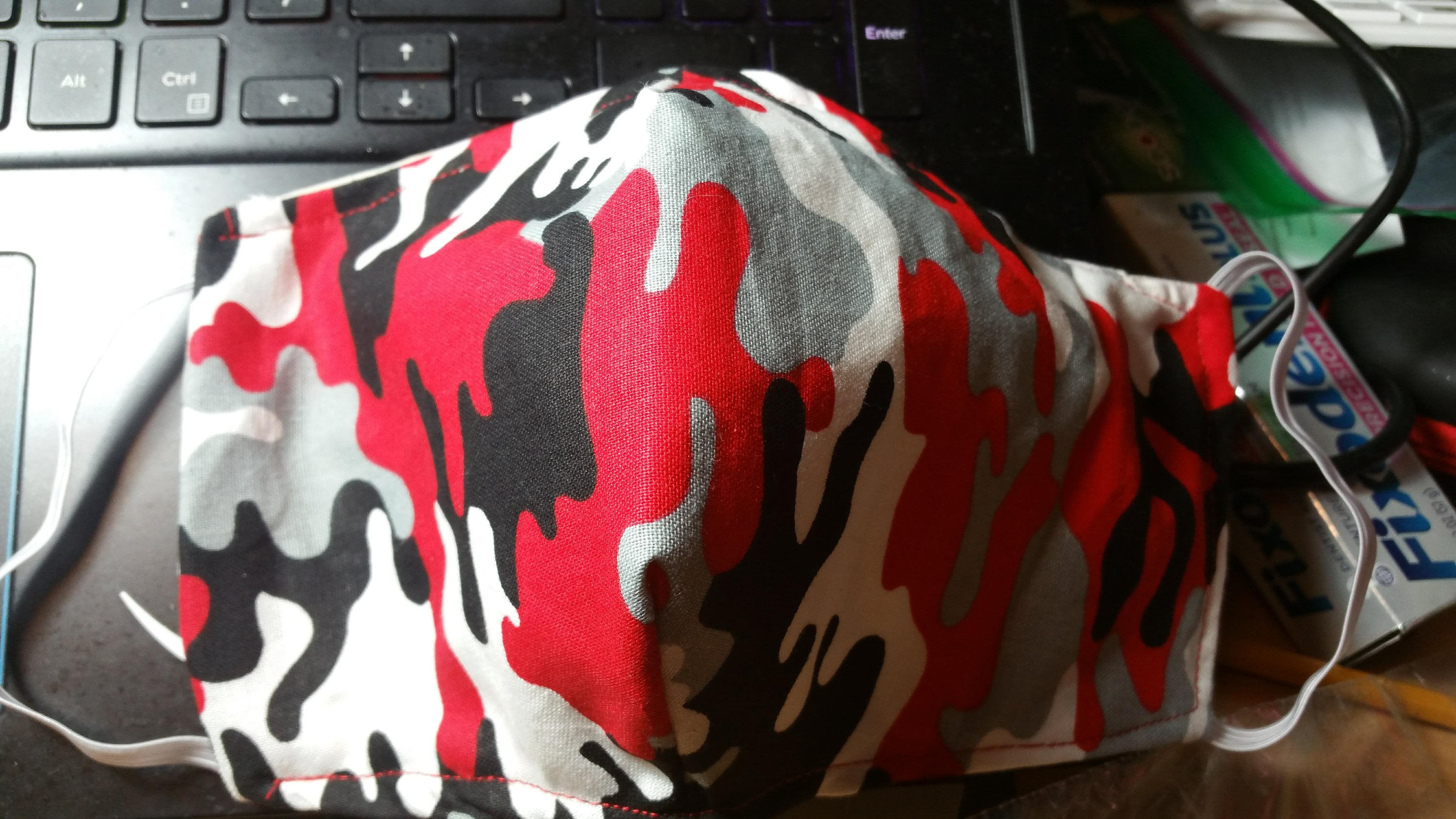 Red Camo Face Mask with side opening for filters.  5 PM 2.5 Filters are included with the mask. Washable, Red, Grey, Black - Thumbnail 3
