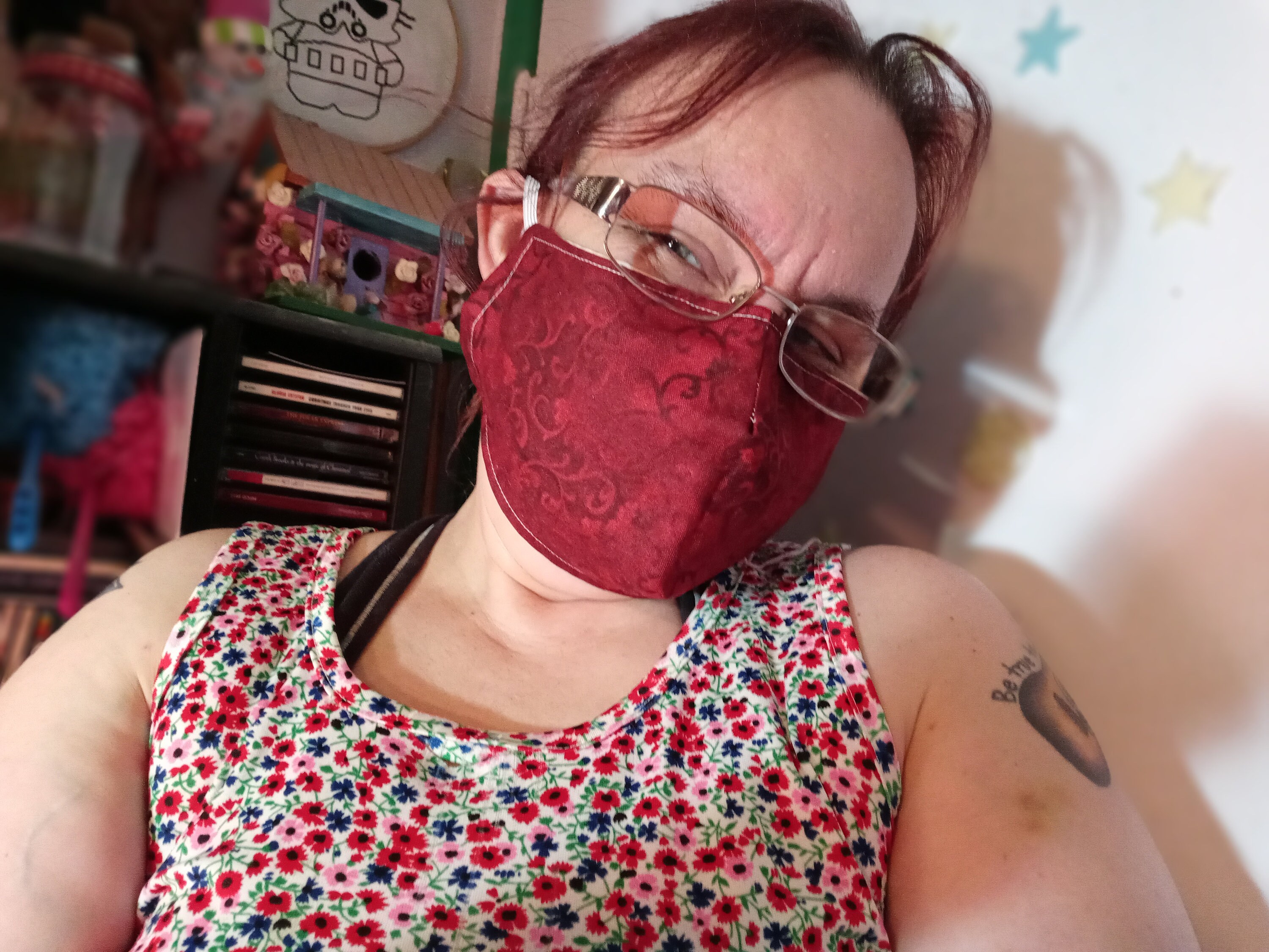 Red Scroll Face Mask with Side Opening for Filters. 5 PM 2.5 Filters Included. Washable, Adults, Kids