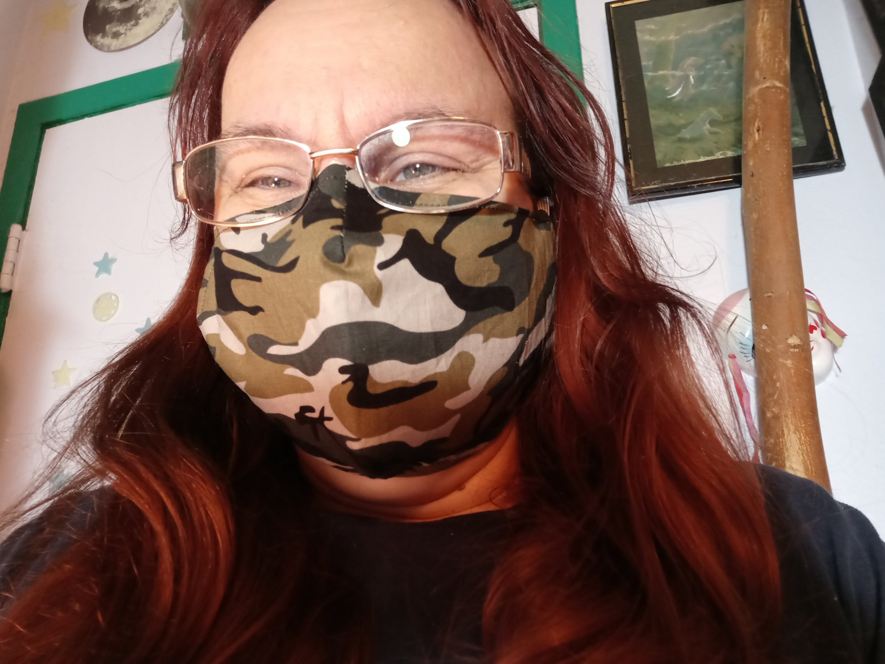 Green Camo Face Mask with Side Opening for filters.  5 PM 2.5 filters included. Green, Black, Washable - Thumbnail 3