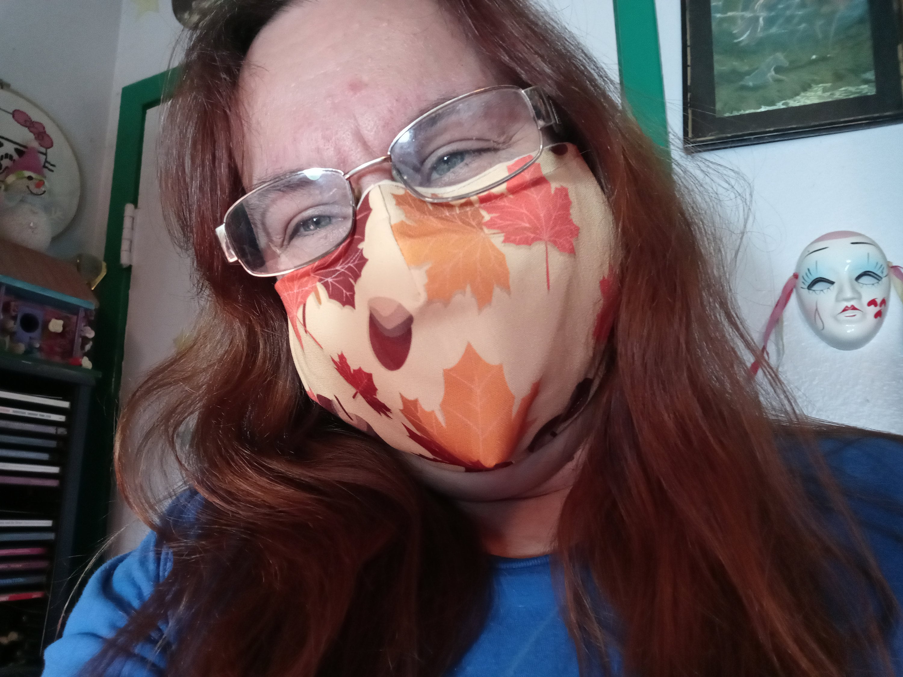 Fall Face Mask with Side Opening for Filters.  This Autumn Leaves with Acorns Face Covering Includes 5 PM 2.5 filters. Orange, Beige, Brown - Thumbnail 3