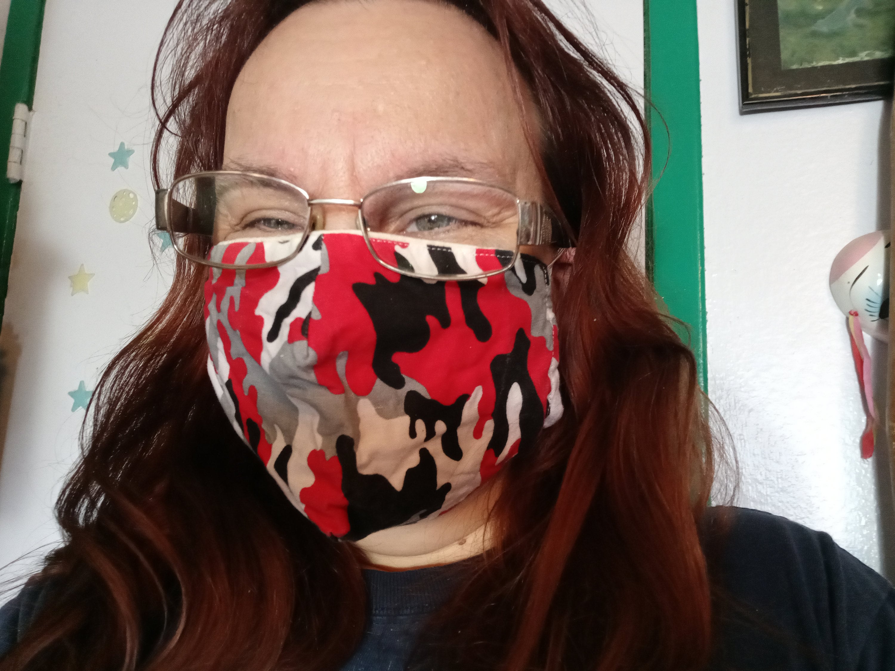 Red Camo Face Mask with side opening for filters.  5 PM 2.5 Filters are included with the mask. Washable, Red, Grey, Black - Thumbnail 4