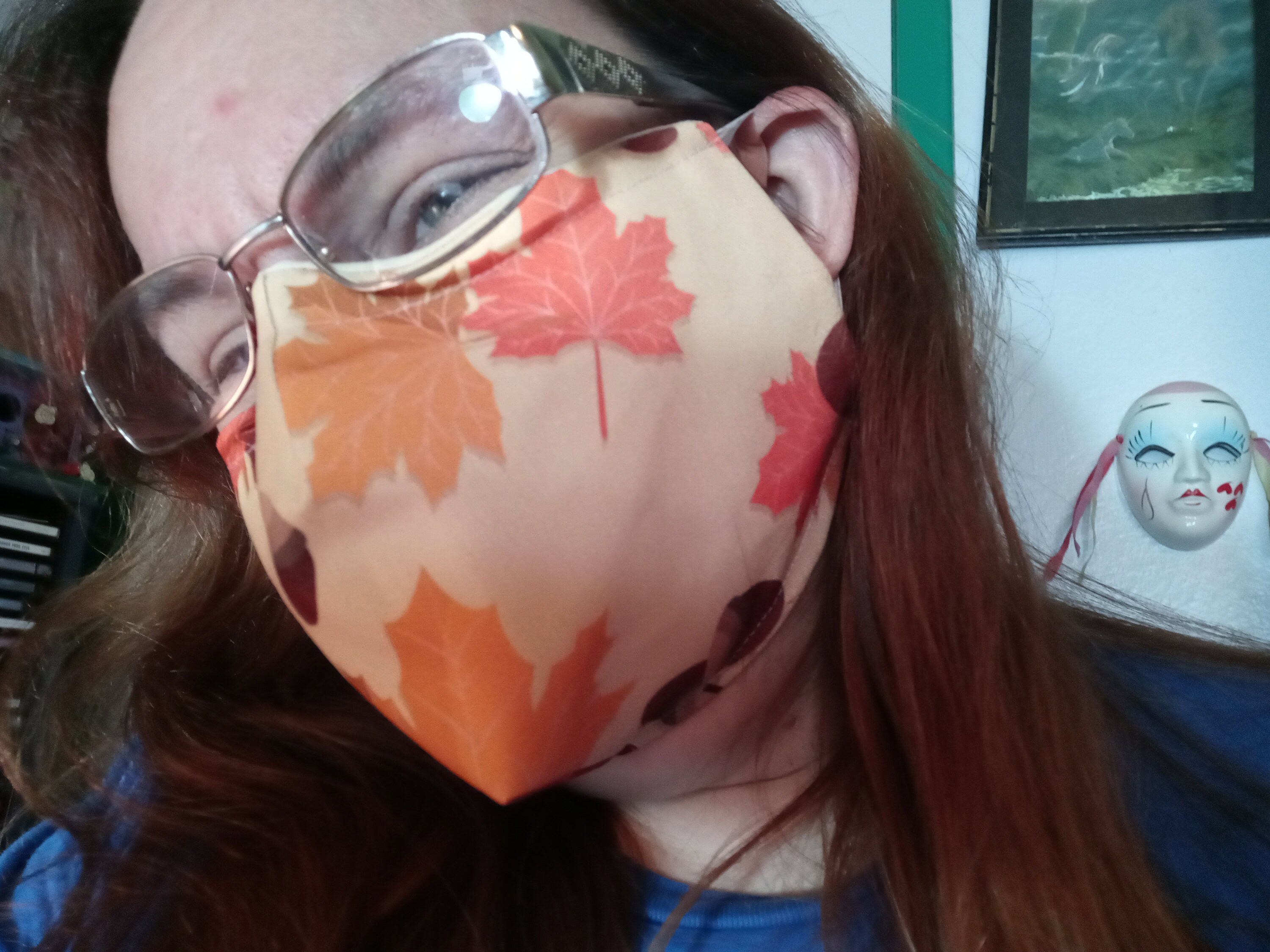 Fall Face Mask with Side Opening for Filters.  This Autumn Leaves with Acorns Face Covering Includes 5 PM 2.5 filters. Orange, Beige, Brown - Thumbnail 4