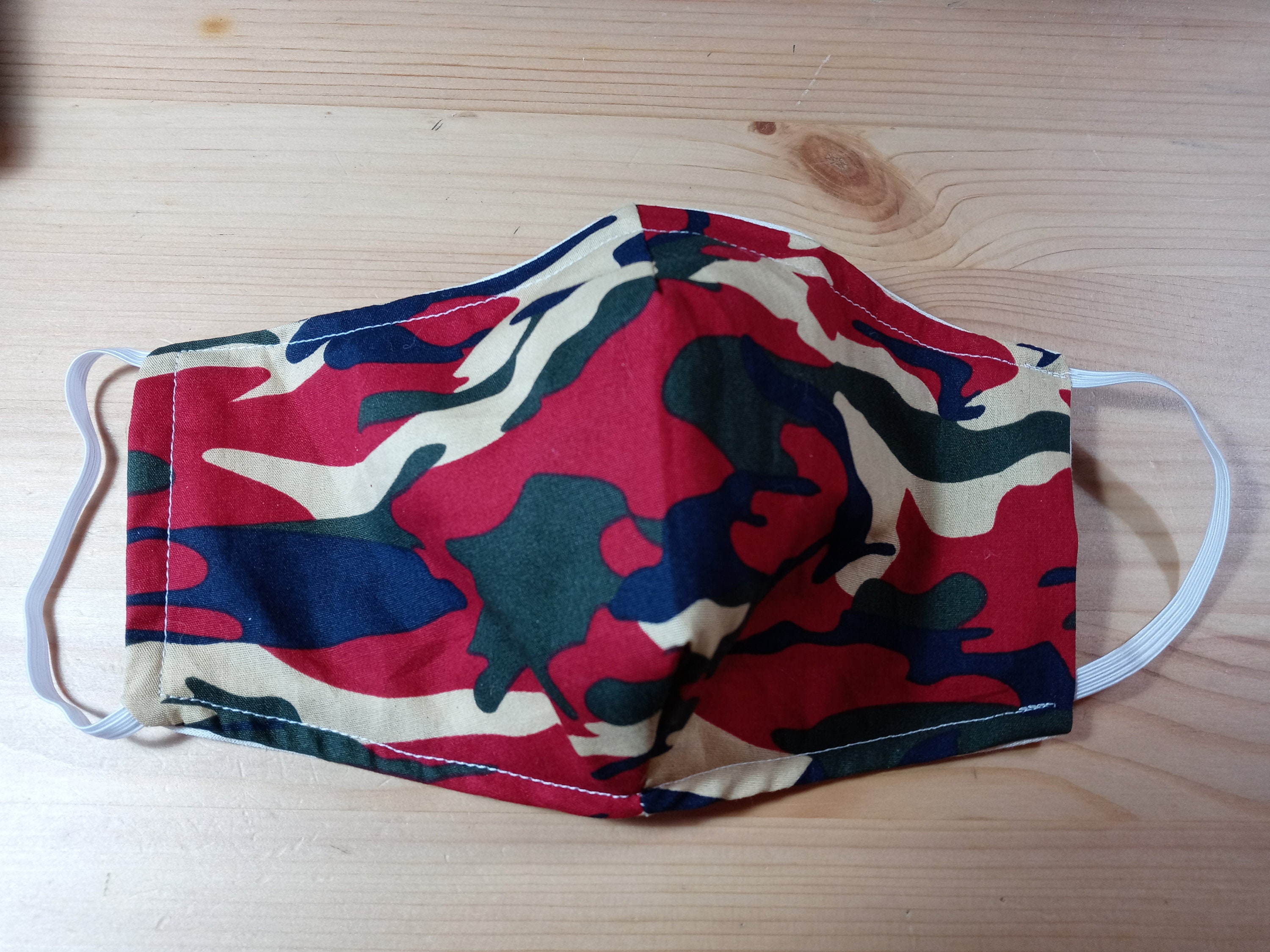 Red Camo Face Mask with side opening for filters. 5 PM 2.5 Filters are included with the mask. Washable, Red, Green, Beige, Blue