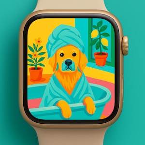 Sfondo con Golden Retriever Mint Tub, quadrante Apple Watch con un simpatico cane, arte pastello per animali domestici
