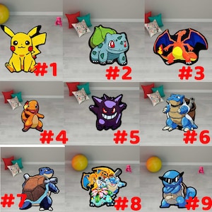 May include: Nine colorful rugs featuring various Pok&eacute;mon characters. The rugs are in different shapes and sizes, with vibrant colors like yellow, blue, orange, and purple. Each rug has a number from 1 to 9.