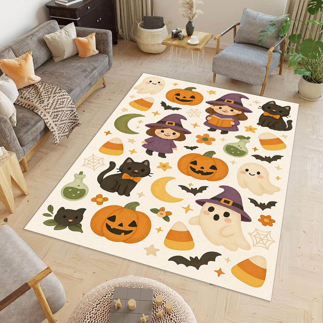 Halloween Rug, Spooky Bat Pumpkin Spider Haunted House Carpet ...