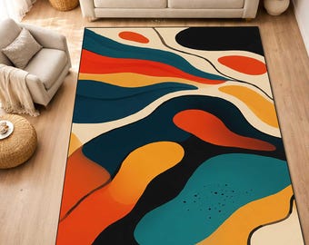 Abstract Modern Area Rug, Colorful Geometric Pattern, Mid Century Decor