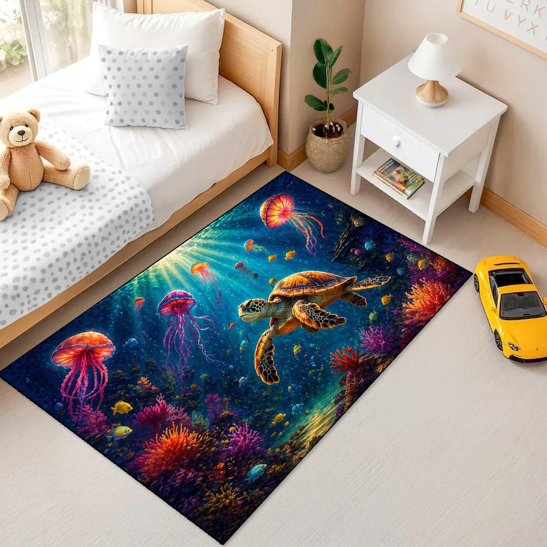 Sea Turtle Underwater Rug, Ocean Life Digital Print Carpet, Colorful ...