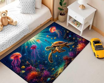 Sea Turtle Underwater Rug, Ocean Life Digital Print Carpet, Colorful Coral Reef Marine Area Rug, Jellyfish Tropical Decor Floor Mat