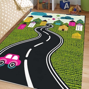 Interactive Kids Car Play Rug – Road Map Carpet with Vehicle Path, Trees and Houses – Soft, Educational & Fun Nursery Floor Mat, custom rug
