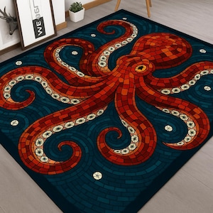 May include: A rectangular area rug featuring a large, central octopus design rendered in a mosaic style. The octopus is composed of various shades of red and orange tiles, set against a deep blue background with dark blue, wavy, tile-like patterns.