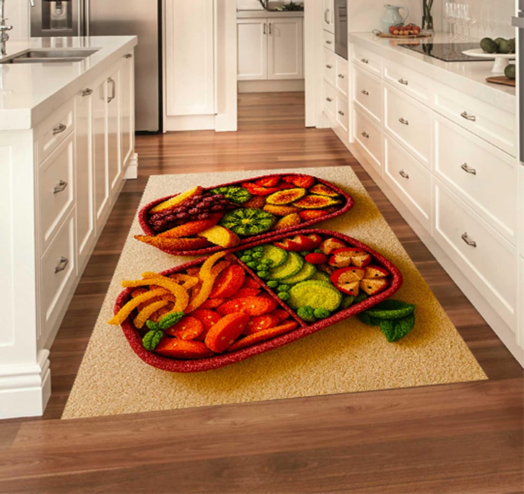 Kitchen Food Art Rug, 3D Look Floor Mat, Coffee, Breakfast, Pizza, Mint ...