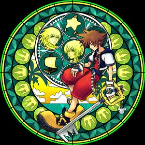 May include: A stained-glass style illustration featuring a character from the Kingdom Hearts video game series. The artwork depicts a young man with spiky brown hair, red shorts, and a key-shaped weapon. The background is a circular design with various elements.