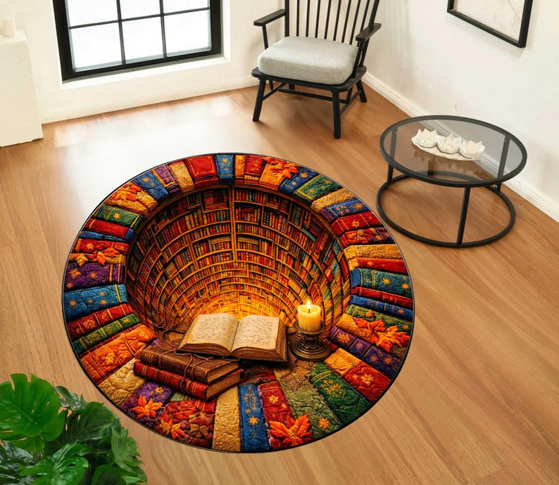 Library Rug Patern Bear Rug, Round Rug, 3D Rug, Illusion Rug, Book Patern Round Rug ...