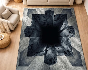3D Hole Illusion Rug, Broken Floor Rug, Modern Optical Illusion Carpet, Black Abyss Rug, Cool 3D Effect Area Rug, Living Room Decor Rug