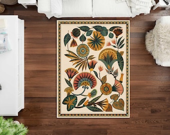 Boho Chic Elegance Floral Rug, Turkish Traditional Unique Rug, Washable Non-Slip Rug, Distressed Large Area Rug, Rugs for Living Room