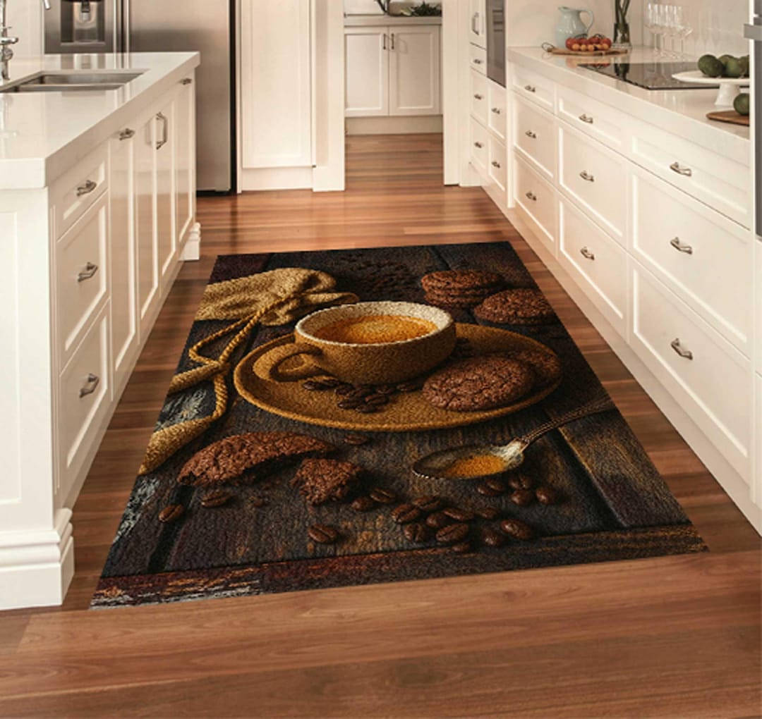 Food On Rug Kitchen Food Art Rug, 3D Look Floor Mat, Coffee, Breakfast, Pizza, Mint ...