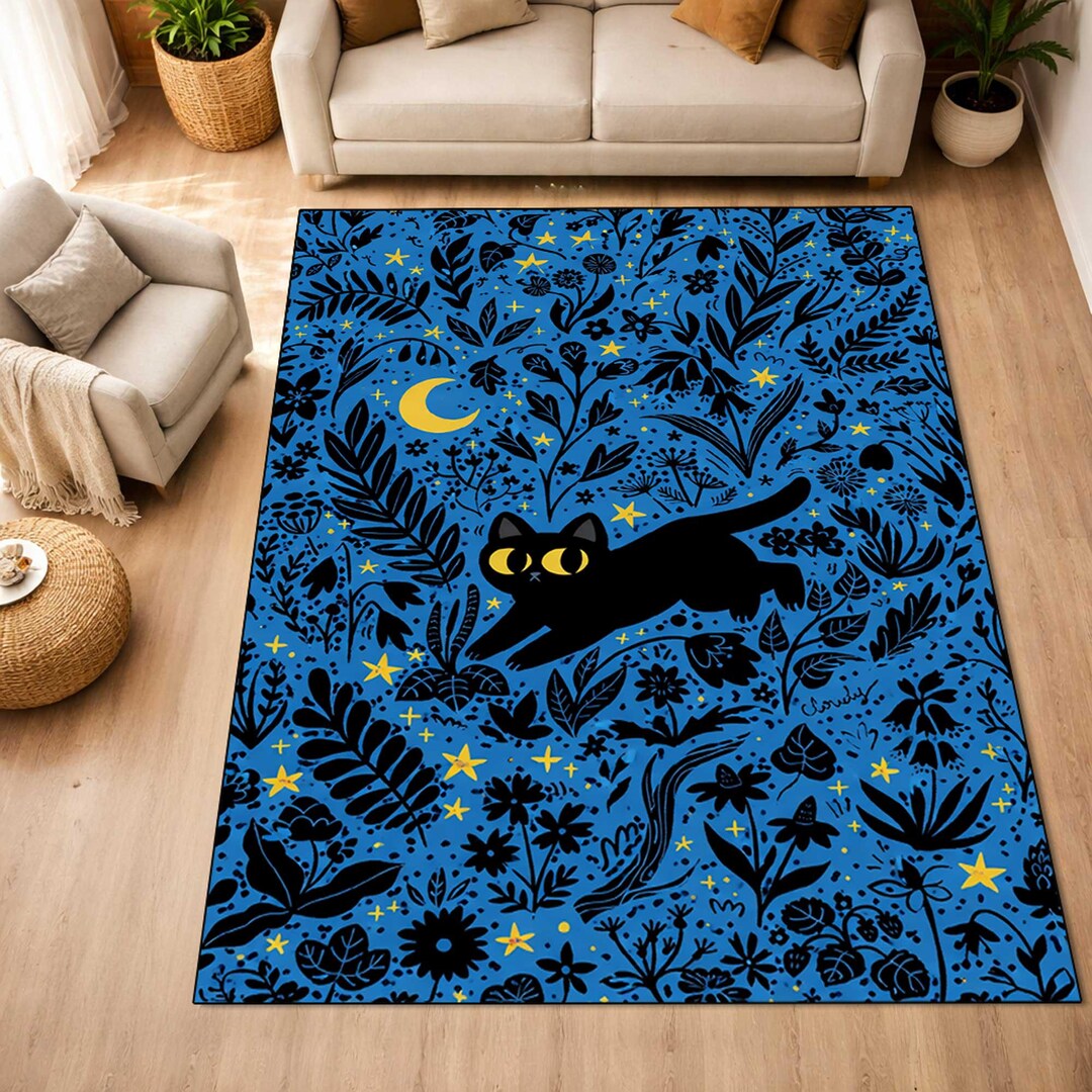 Black Cat Rug Witchy Decor Cottagecore Rug Moon Star Cat Rug Halloween ...