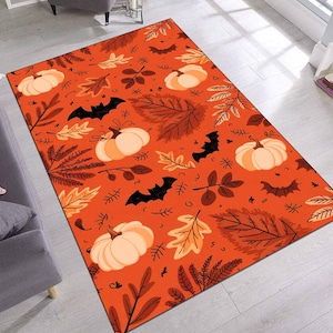 Halloween Rug, Pumpkin Rug, Halloween Room Decor, Halloween Machine Washable Rug, Pumpkin Design Rug, Witch Rug,Halloween Orange Rug,Bat Rug