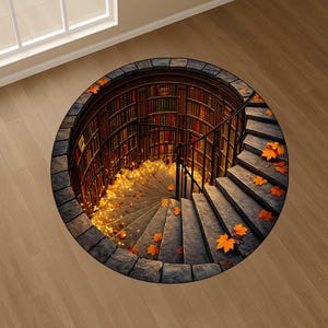 May include: A circular area rug featuring a 3D optical illusion print of a stone spiral staircase descending into a library filled with bookshelves. The design includes scattered orange autumn leaves, a black metal railing, and warm glowing lights.