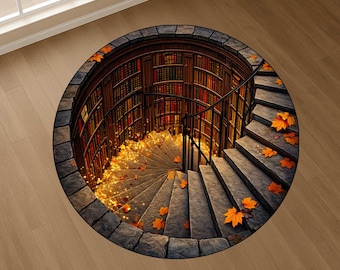 May include: A circular area rug featuring a 3D optical illusion print of a stone spiral staircase descending into a library filled with bookshelves. The design includes scattered orange autumn leaves, a black metal railing, and warm glowing lights.