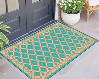 Turquoise Moroccan Vinyl Mat Geometric Kitchen Rug,Indoor Outdoor Artmat,printed rug