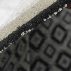 May include: Close-up of a layered textile with a geometric pattern. The top layer is white, followed by a beige layer, and a black layer with white stitching. The bottom layer features a repeating diamond pattern in shades of gray.